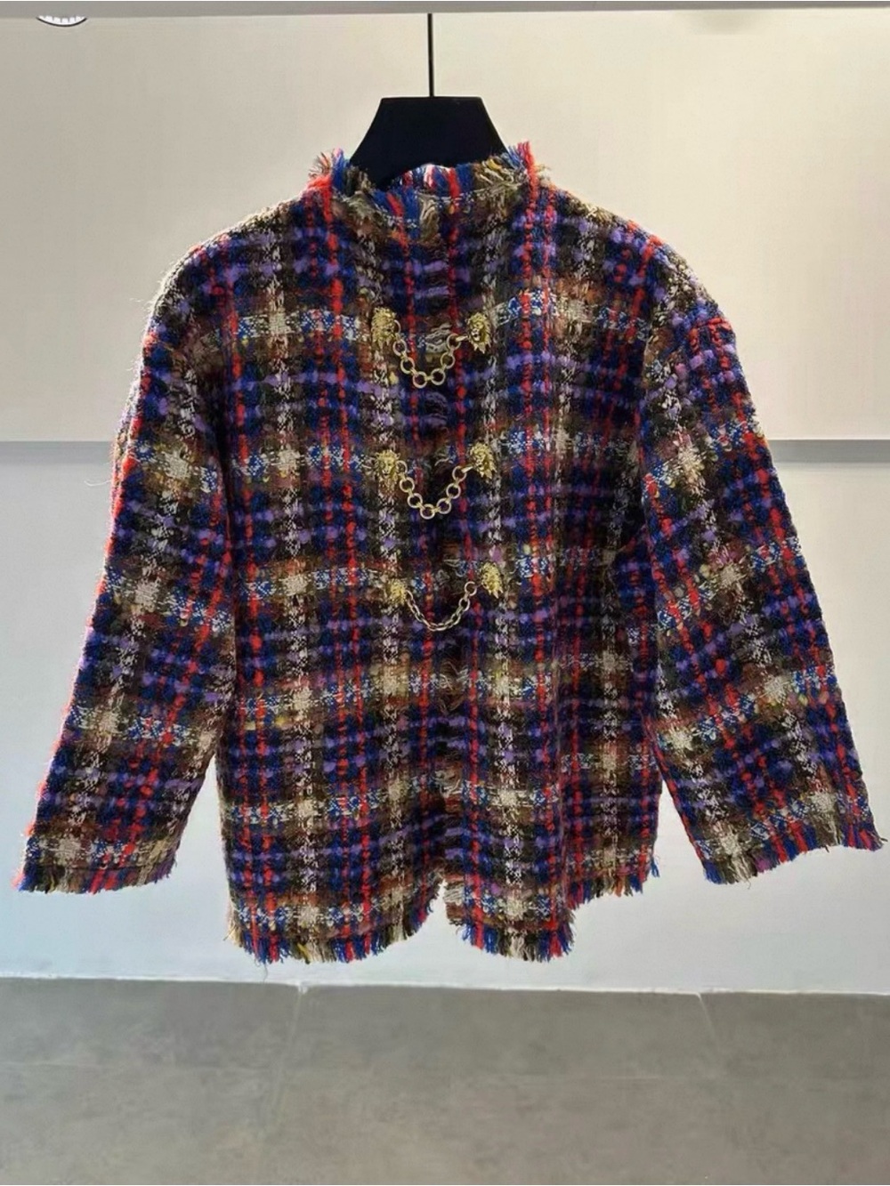 Gucci Multicolor Plaid Tweed Jacket with Gold Chain Clasps